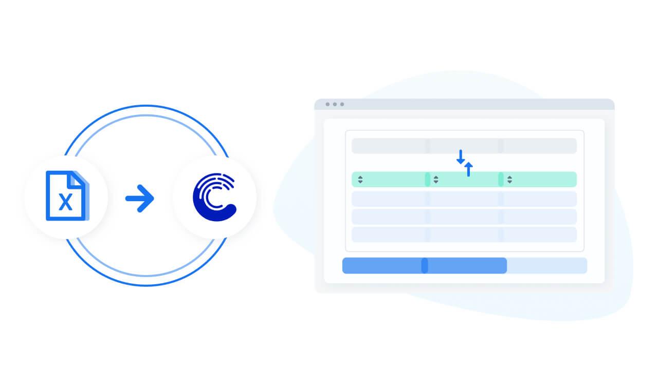 Diagrama mostrando um ícone de um arquivo, com uma flecha apontando dele para o logo da Cobli. A direita, uma janela demonstrando o arquivo dentro do painel da Cobli.