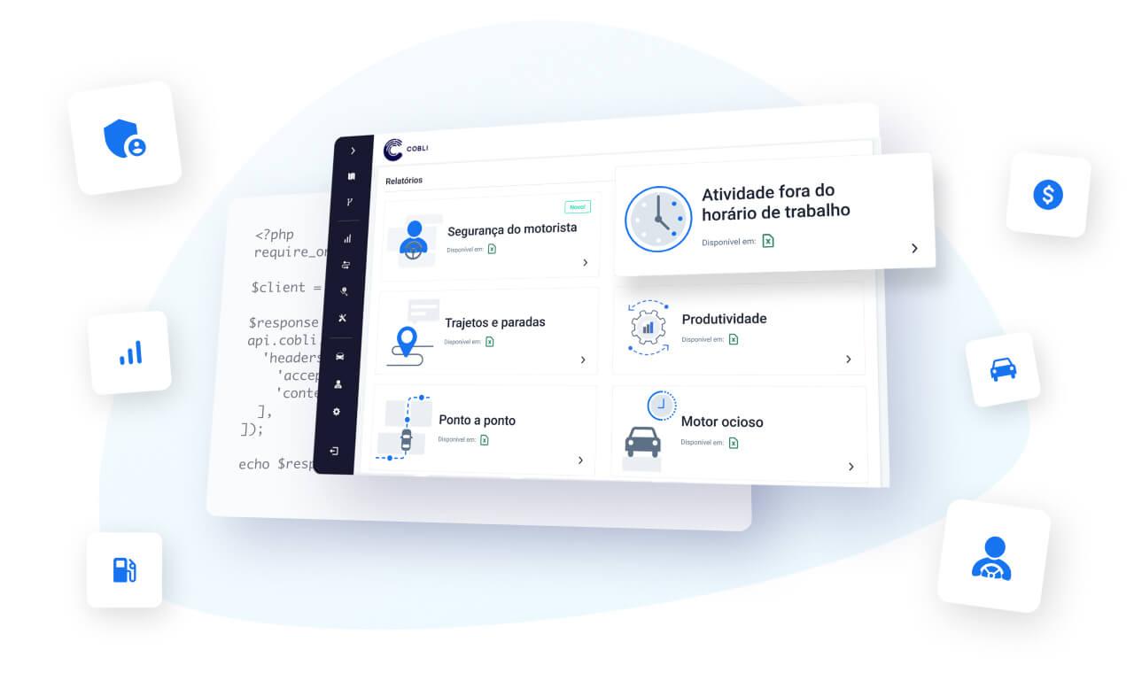 Uma tela com uma versâo simplificada do painel da Cobli, com múltiplos ícones flutuando ao redor dela. Entre os ícones estão: um escudo, um gráfico de barras, uma bomba de gasolina, uma moeda, um carro e um motorista.