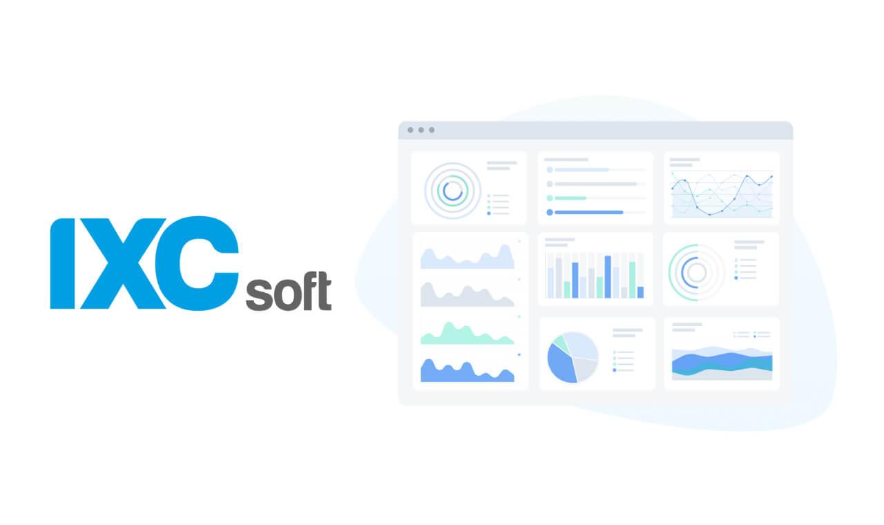 Logo da IXC Soft ao lado de uma tela minimalista com múltiplos gráficos.