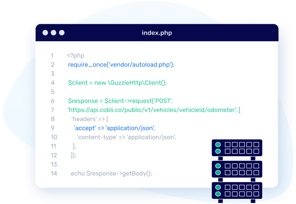 Tela ilustrativa demonstrando um código na linguagem PHP que interage com a API da Cobli.