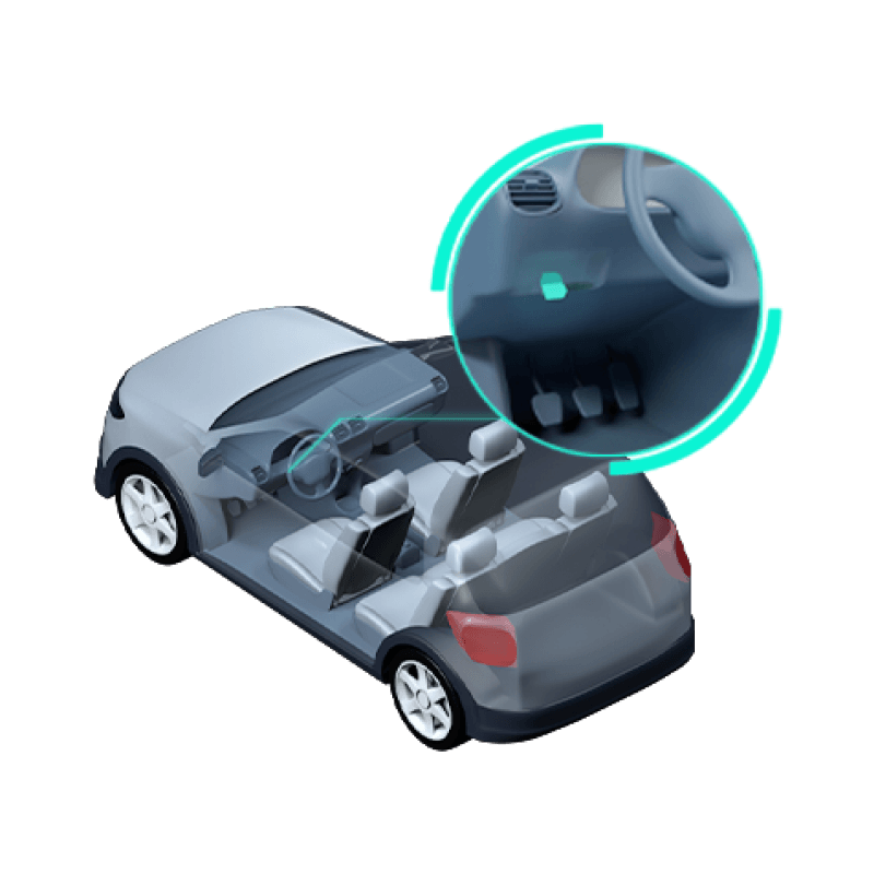 Diagrama mostrando o dispositivo OBD sendo conectado embaixo do volante do carro